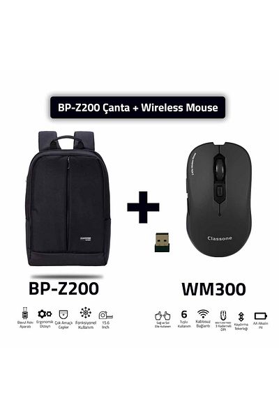 Classone ماوس Bp-z200-wm300 - كمبيوتر محمول من القماش المقاوم للماء مقاس 15.6 بوصة، حقيبة ظهر للكمبيوتر المحمول + ماوس لاسلكي