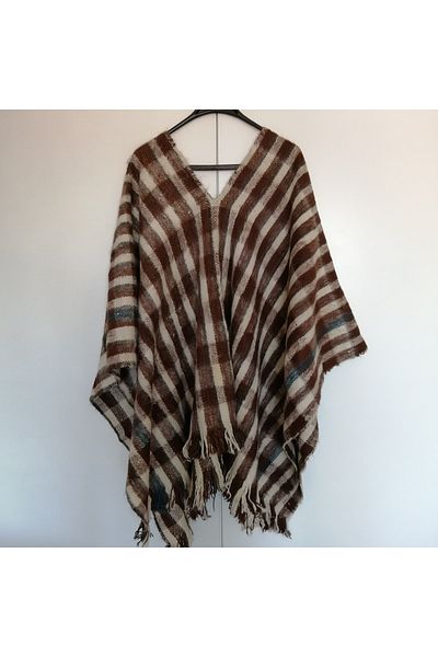Butik Tülin Women's Authentic Alpaca Llama Wool Bone Brown Black Colored Plaid Tassel Poncho Made in Peru