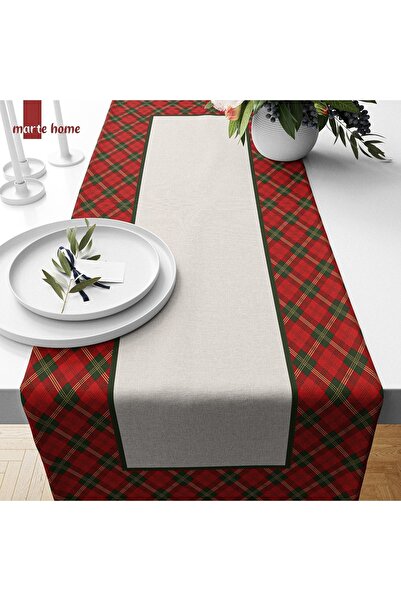 Marte Home Yılbaşı & Christmas Kırmızı Ekose Desen Baskılı Dekoratif Runner
