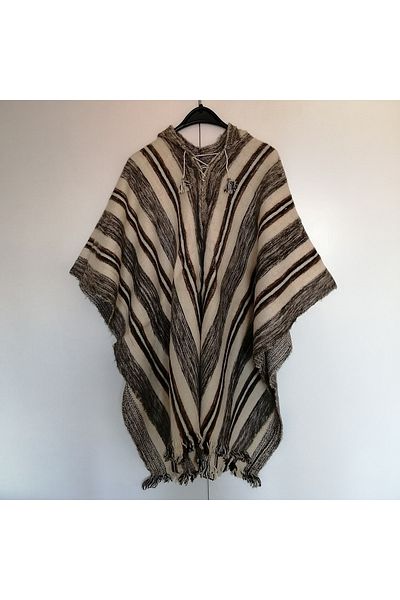 Butik Tülin Women's Authentic Alpaca Llama Wool Bone Brown Black Gray Color Striped Hooded Poncho Peru