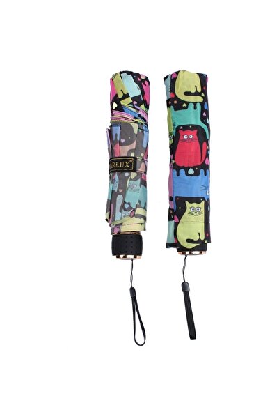 Genel Markalar Renkli Kedi Desenli 8 Telli Manuel Rüzgara Dayanıklı Şemsiye