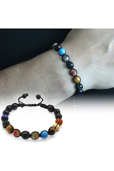 Tesbihane Makrome Örgülü Küre Kesim Çoklu Doğaltaş Yıldız-gezegen Kombinli Erkek Şans Bilekliği