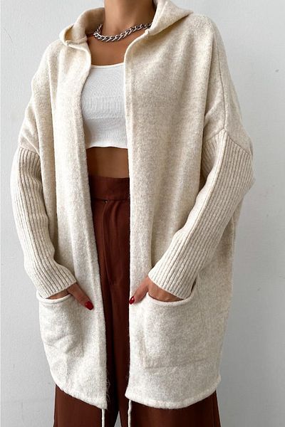 FEMELLE Cardigan de damă, de culoare bej, cu mânecă liliac, cu buzunar dublu, cu glugă, largi, supradimensionat, mărime standard