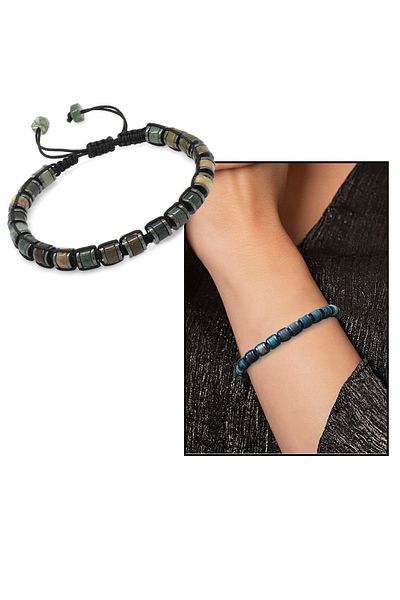 Tesbihane Cylinder Cut Macrame Braided Agate Hematite Combination Natural Stone Women's Bracelet