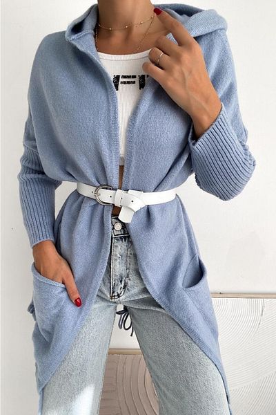 FEMELLE Damen Strickjacke, Babyblau, Fledermausärmel, Doppeltasche, lockere Oversize-Standardgröße, mit Kapuze