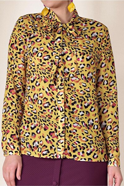 TRENDTESETTÜR Women's Yellow Mix Patterned Bow Collar Blouse 4083