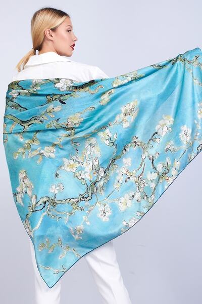 Nomads Felt İpek Şal | Turkuaz Van Gogh Badem Ağacı | 140 cm | Nomads Felt