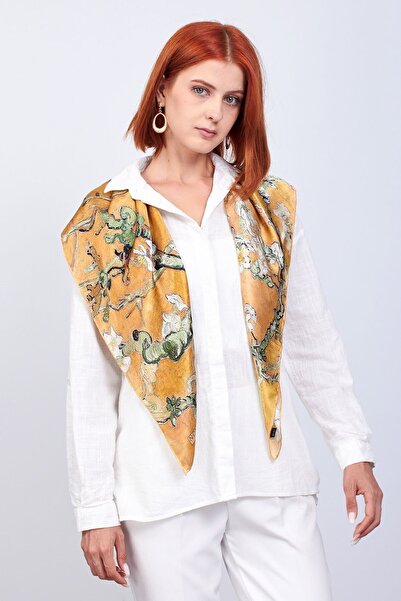 Nomads Felt 100% Silk Scarf| 90 cm| Gold Van Gogh Almond Tree|