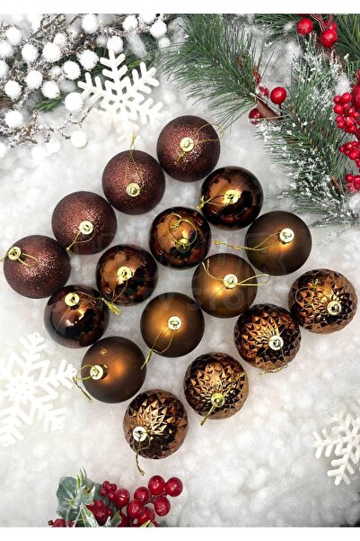 Huzur Party Store Σετ 16 Χρωματιστά Στολίδια Χριστουγεννιάτικου Δέντρου σε Χρώμα Σοκολάτας, Μπάλες 6 εκ., Ασημί, Ματ, Γυαλιστερό, Ανάγλυφο Καφέ