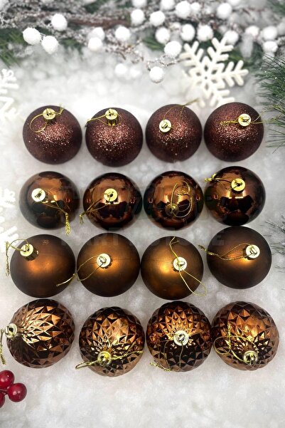 Huzur Party Store Σετ 16 Χρωματιστά Στολίδια Χριστουγεννιάτικου Δέντρου σε Χρώμα Σοκολάτας, Μπάλες 6 εκ., Ασημί, Ματ, Γυαλιστερό, Ανάγλυφο Καφέ