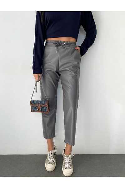 TARGET CH Women's Gray Lace-up Waist Knee Stitching Detail Short Leg Leather Trousers