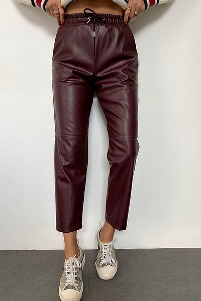 TARGET CH Women's Burgundy Waist Lace-up Knee Stitching Detail Short Leg Leather Trousers
