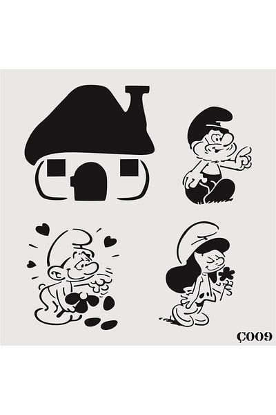 STENCİLTASARIM Stencil Design Ç009 Smurfs Wall Wood Glass Fabric Painting Template
