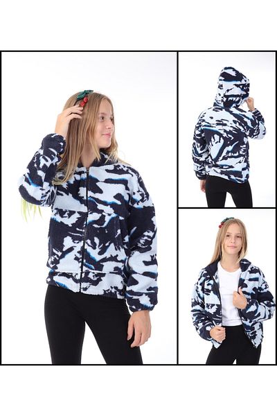 elektrogalaksi Navy Blue Patterned Pocketed Hooded Zippered Girl's Boy's Winter Fleece Coat