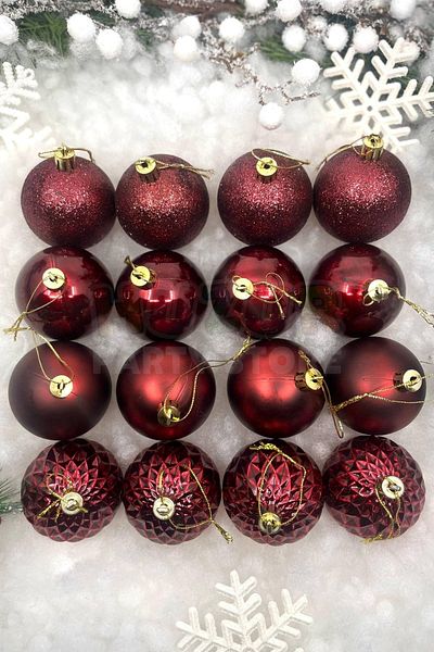 Huzur Party Store Σετ με 16 κόκκινο κρασί Cici Ball 6 εκ. Ασημί ματ γυαλιστερό σκούρο κόκκινο στολίδι χριστουγεννιάτικο δέντρο