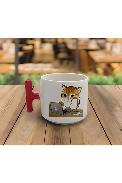 GünayStore Latte & Espresso Handmade Naughty Cute Kittens Printed T Handle Mug 200 Ml