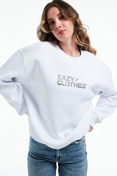 Eazy Co سويت شيرت سميك برقبة دائرية أبيض للجنسين من إيزي كلوز، مقاس كبير جدًا