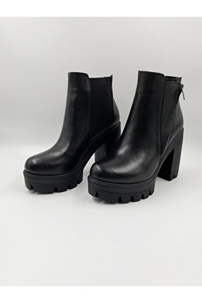 Impero Kadın Siyah  Hakiki Deri Lastikli Yüksek Kalın Topuklu Bot