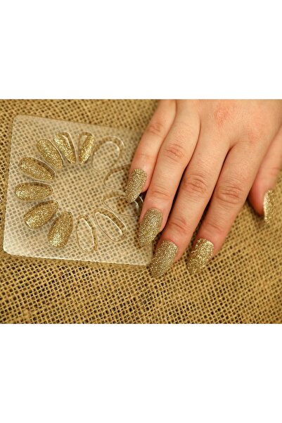 Mona Lady 12'li Simli Sarı Badem Takma Tırnak Yapıştırıcı Hediyeli-kısa-127-3