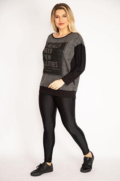 Şans Women's Large Size Black Print Detailed Two Color Tunic 65n35209