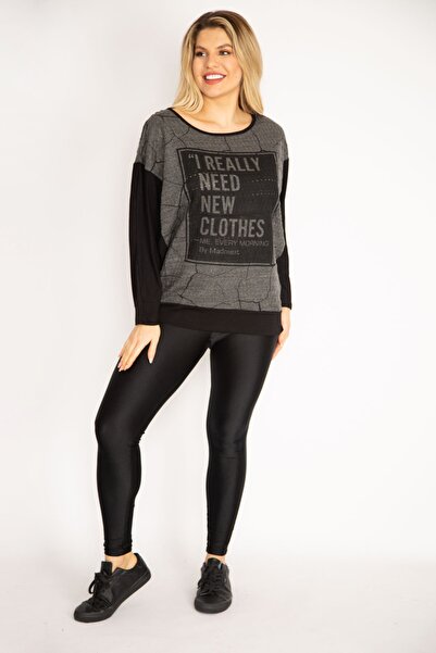 Şans Women's Large Size Black Print Detailed Two Color Tunic 65n35209