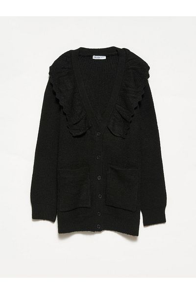 Dilvin 60169 Tricot cu buzunare cu decolteu în V Cardigan-negru