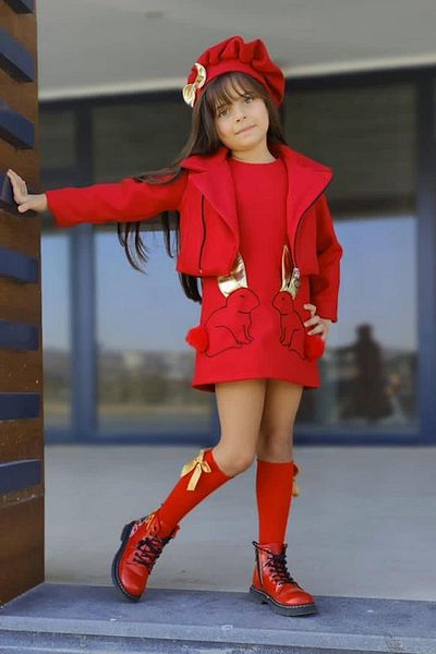 Riccotarz Girl's Front Zipper Jacket Rabbit Embroidered Red Dress