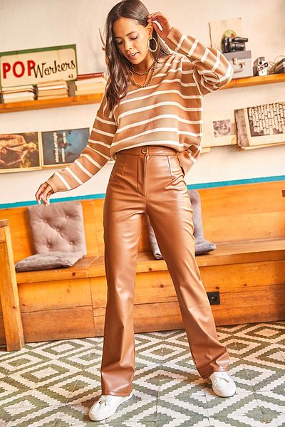 Olalook Women's Tan Dart, Zippered, Fleece Inside, Flared Faux Leather Trousers PNT-19000187