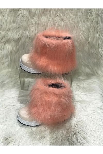 Metin Ayakkabı Powder Color Outer Material Water and Cold Weather Resistant Children's Boots with Skin Leather and Fur Accessories