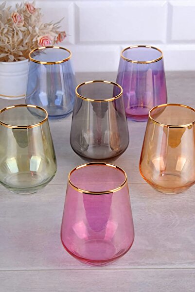 P H Panayır Home New-Set of 6 Colorful Gilded Water Glass Set 345 Cc.