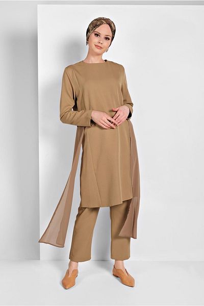 TRENDTESETTÜR Γυναικείο καφέ (CAMEL) παγιέτες τούλι Λεπτομερές σετ παντελονιού 2 τεμαχίων 2255