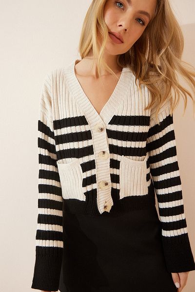 MD trend Women's Ecru Black Striped Pocket Knitwear Cardigan
