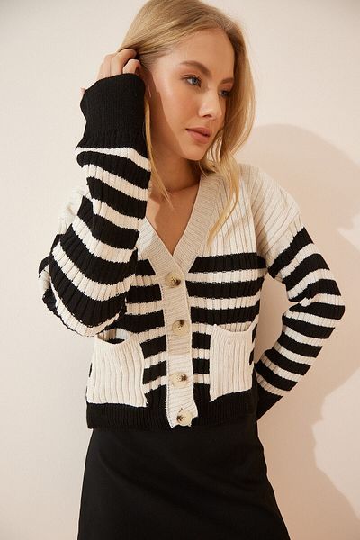 MD trend Women's Ecru Black Striped Pocket Knitwear Cardigan