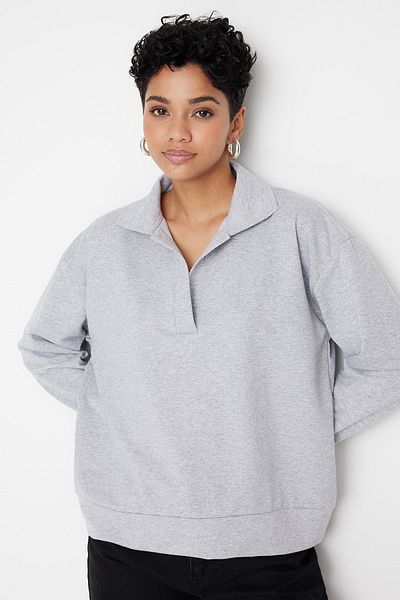Trendyol Collection Šedá základní tenká pletená mikina Polo Neck