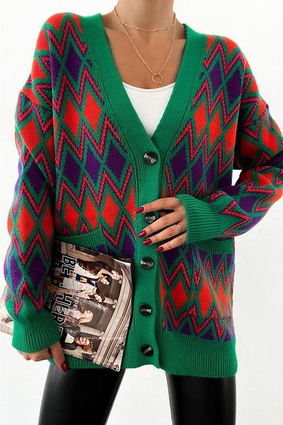 FEMELLE Cardigan de damă, verde, violet, roșu, ocazional, cu buzunar, cu nasturi