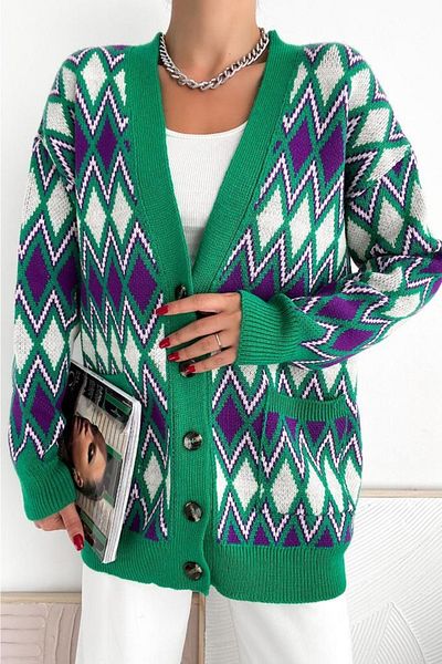 FEMELLE Cardigan de damă, verde, alb, violet, ocazional, cu buzunar, cu buton