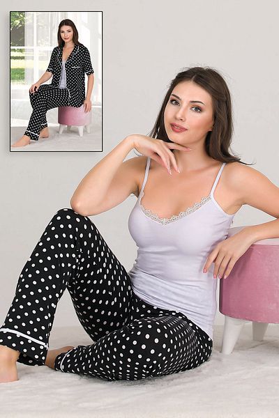 Jenny Daphne Set de pijamale 3 piese cu mâneci scurte din material de viscoză cu buline, cu cămașă și bretele 20000