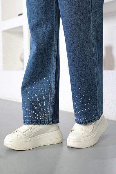 Modamihram Stone Detailed Denim Trousers Dark Denim 6043