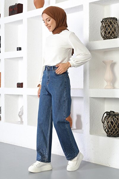 Modamihram Stone Detailed Denim Trousers Dark Denim 6043