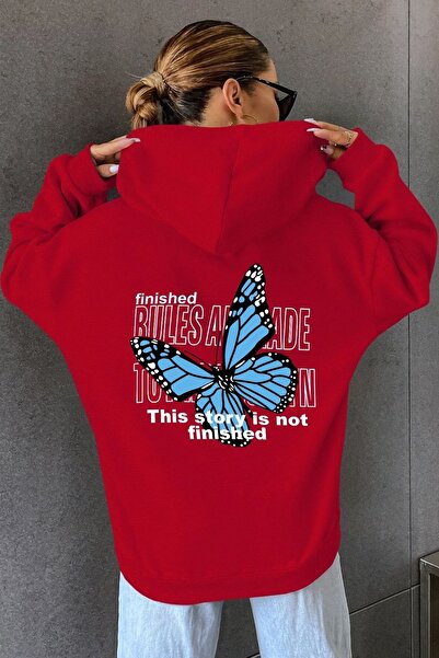 Trend Sizde Unisex Red Finished Bules Back And Front Printed Hooded Sweatshirt