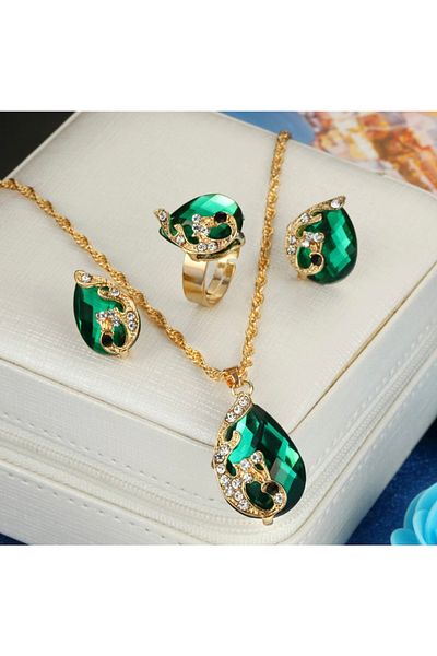 Takıtolia Victorian African Crystal Emerald Green Jewelled Water Drop Necklace Earrings Ring Valentine's Day Gift Set