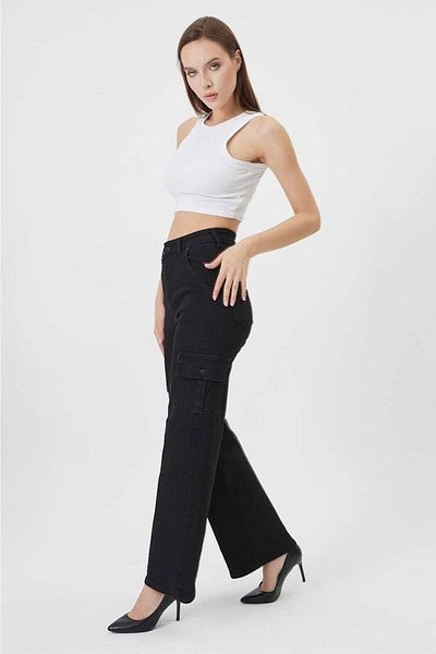 SHEVEGA Black Cargo Pocket Lycra High Waist Loose Wide Leg Denim Trousers Flare Jean