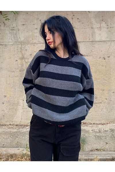 Touz Pulover de tricotaj supradimensionat cu dungi gri negru