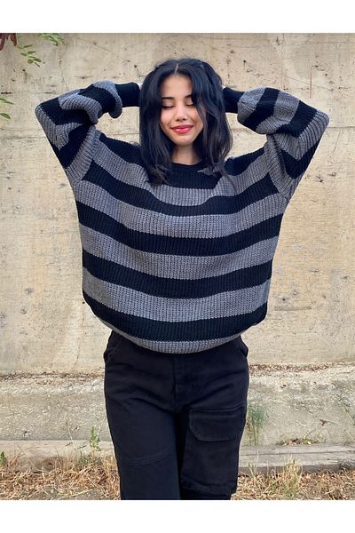 Touz Pulover de tricotaj supradimensionat cu dungi gri negru