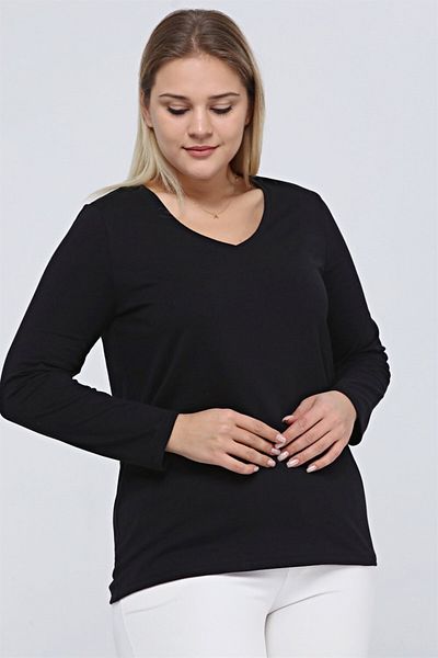 Seamoda Tricou casual cu mânecă lungă cu decolteu în V pentru femei de mărime mare-negru