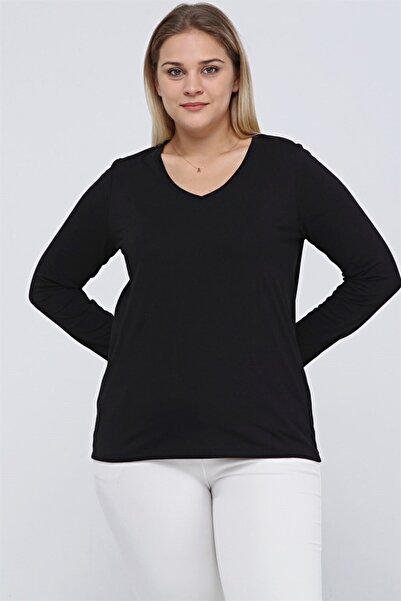 Seamoda Γυναικείο μακρυμάνικο μπλουζάκι με λαιμόκοψη σε μεγάλο μέγεθος, μαύρο