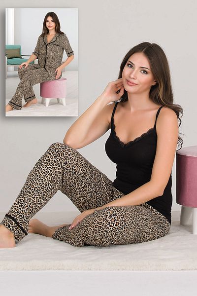 Jenny Daphne Set de pijama cu mâneci scurte din 3 piese din țesătură de viscoză, cu model, cu cămașă și bretele 20002