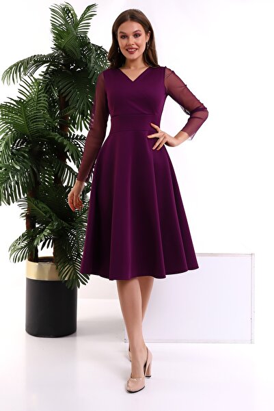 Fasmia فستان برقبة قارب فوق الكتف بلون البرقوق F126