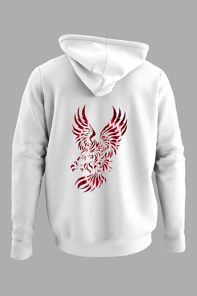 Raf Coll Unisex Oversize Λευκή κουκούλα φούτερ Back Eagle Design Digital Printed