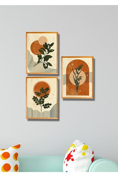 NT Handmade 3 τεμάχια Ξύλινο πλαίσιο Προσοφθάλμια ρετρό διακόσμηση τοίχου με φύλλα - Σετ ζωγραφικής για σαλόνι κουζίνα κρεβατοκάμαρα